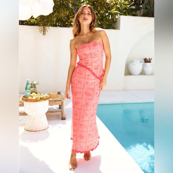 Hello Molly Daiquiri Strawberry Tropical Set Maxi Skirt Strapless Top - Picture 2 of 7